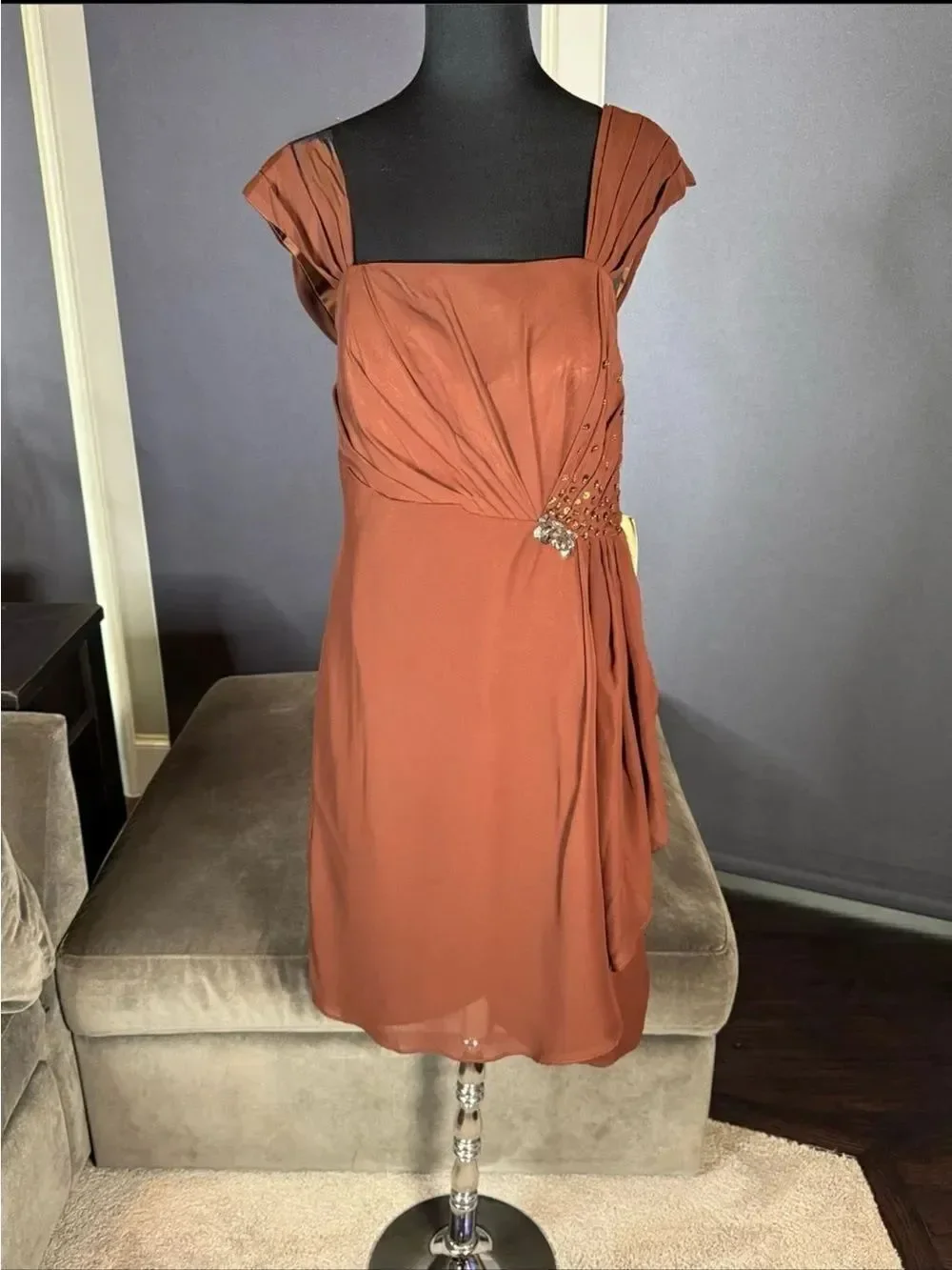 Women’s Brown Chiffon Formal Mother of the Bride Dress Draped Jacket Size 14 NWT